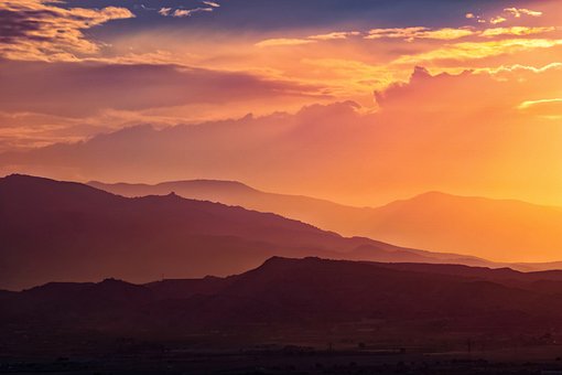 日没, 山, 風景, シルエット, 山の範囲, オレンジ色の空, 日光, 日の出